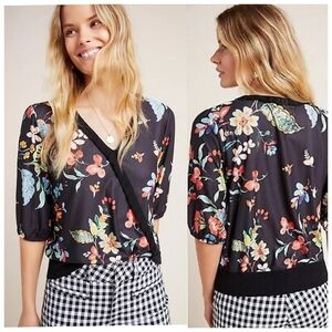 Aldomartins Alia Floral V-Neck Top Black Size Medium Elbow Sleeve Anthropologie